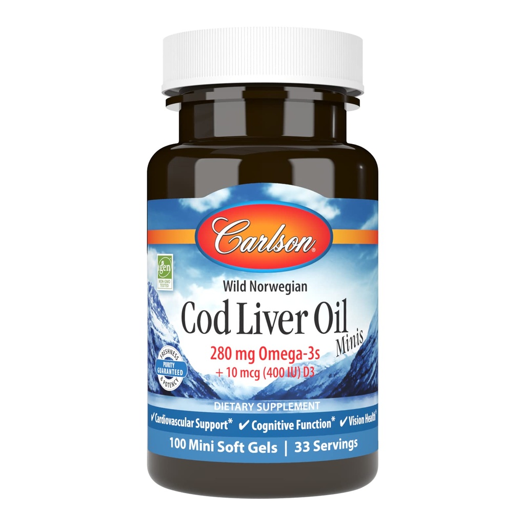 קרלסון - Cod Liver Oil Minis, 280 מ"ג אומגה 3s + ויטמינים A & D3, Heart Support & Cognitive Function, Vision Health, 100 Mini Softgels
