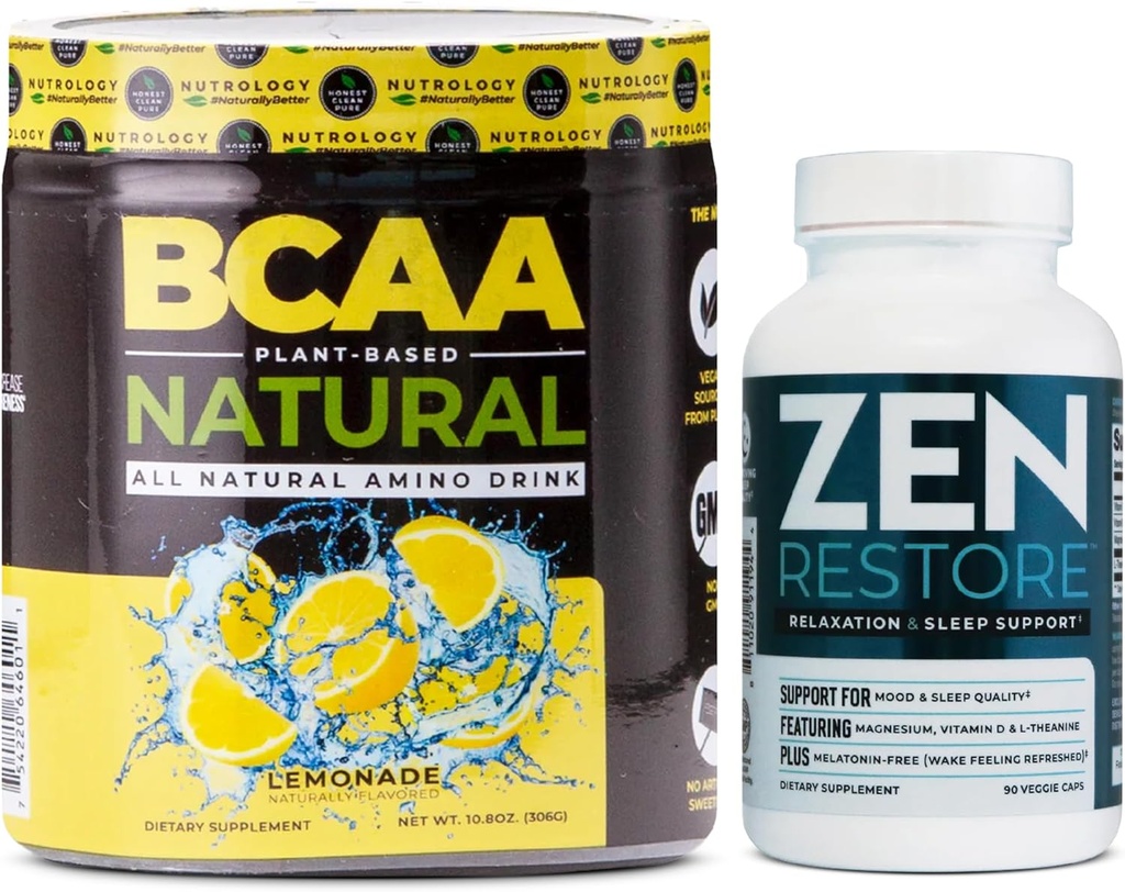 Nutrology Zen Natural Magnesium תוסף (30 משרתים) ו Nutrology BCAA טבעי, צמחי מבוסס BCAA אבקה, Lemonade Flavor (30 משרתים)