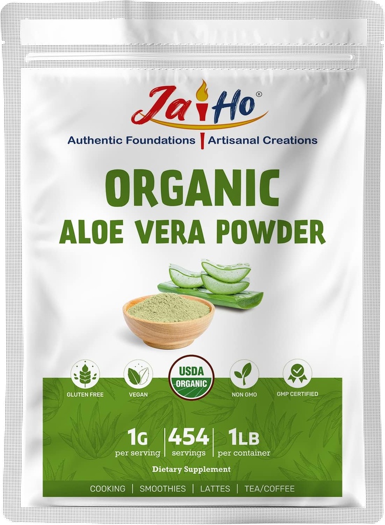 Jai Ho Certified USDA אורגני Aloe Vera אבקת - 1 LB - Gluten-Free, טבעוני, non-GMO - Resealable Zip Lock Pouch