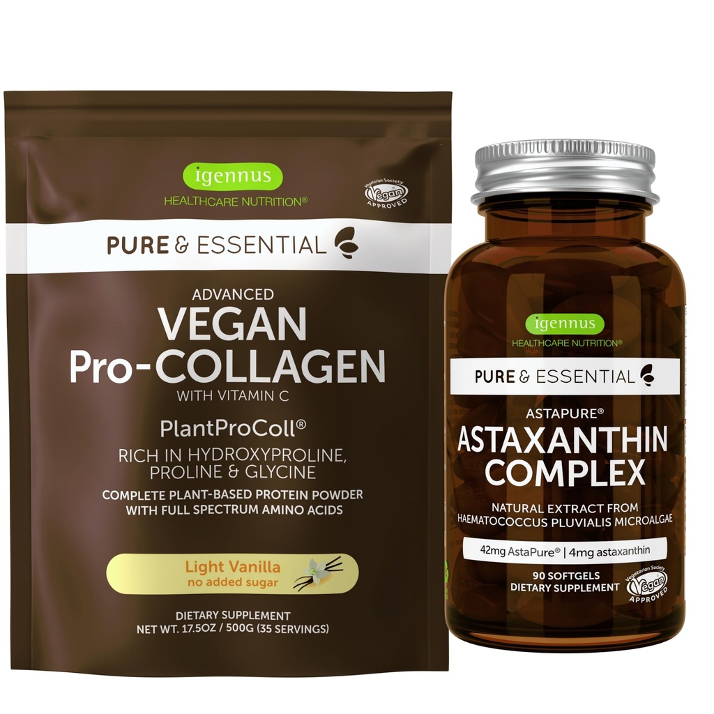 אבקת חלבון טבעוני וניל קולג'ן + Astaxanthin Complex Vegan Bundle, Collagen Boosting פורמולה + טבעי 4 מ"ג H. Pluvialis Astaxanthin for Hair, Skin & Nails, על ידי Igennusss
