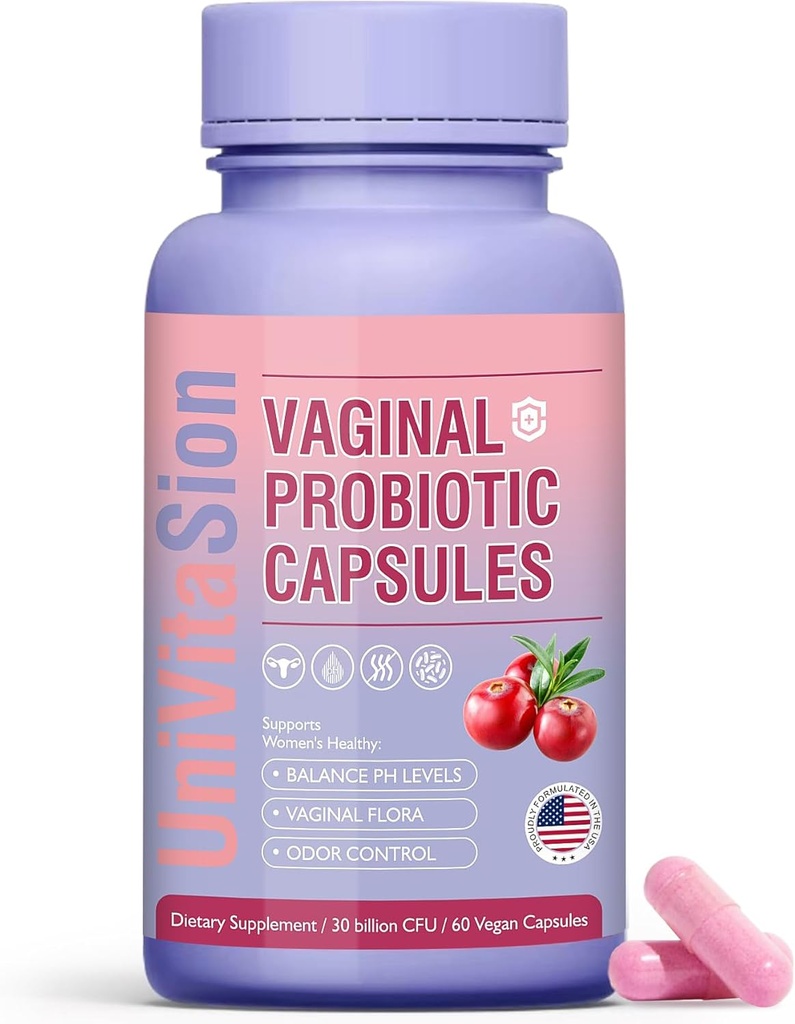 UniVitaSion Vaginal Probiotics for Women pH Balance, Lactobacillus Prebiotic Complex, Cranberry Extract, D-Mannose for Protect Vaginal Health Flor, Vaginal Odor Control - 30 מיליארד CFU, 60 קפסולות