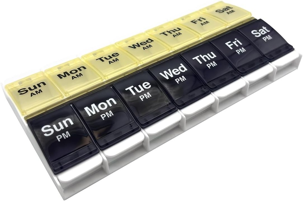 EZY DOSE Push Button (7-Day) Pill Case, Medicine Planner, ויטמין אורגן, 2 פעמים ביום, AM/PM Container, X-Large השוואתיות, Arthritis Friendly, Easy to Use, Clear Lids, Blue/Yellow, BPA חינם