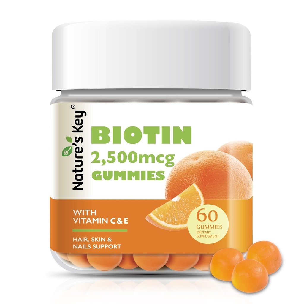 החניכיים של Nature's Key Biotin עם ויטמין C ו-E, תמיכה ב- Hair Nails Growth & Beautiful Skin for Women Men and Kids, Vegan, Orange Flavors 60 Count