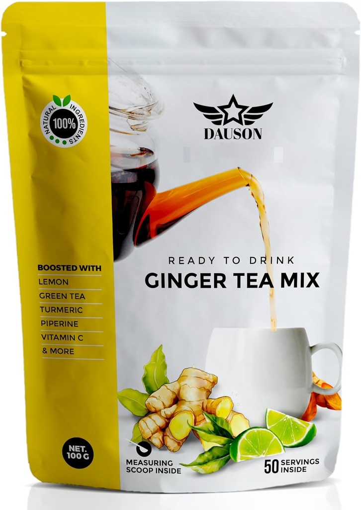 לימון אבקת תה צמחית - מרעננת עם Licorice, Turmeric, Decaf Green Tea, ויטמין C - Caffeine-Free, Vegan, Gut-Friendly Detox Tea - 50 משרתים
