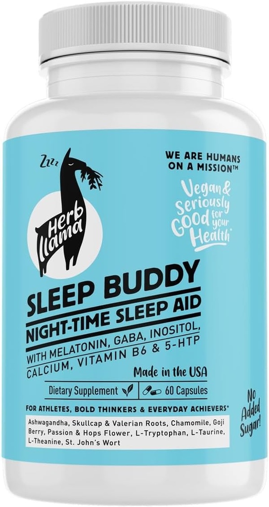 שינה באדי Nighttime Sleep Aid - קפסולות טבעוניות עם מלטונין, GABA, L-Tryptophan, Ashwagandha & Lemon Balm - Non-Habit Forming, Plant-based Sleep Support - 60 Count (30 משרתים)