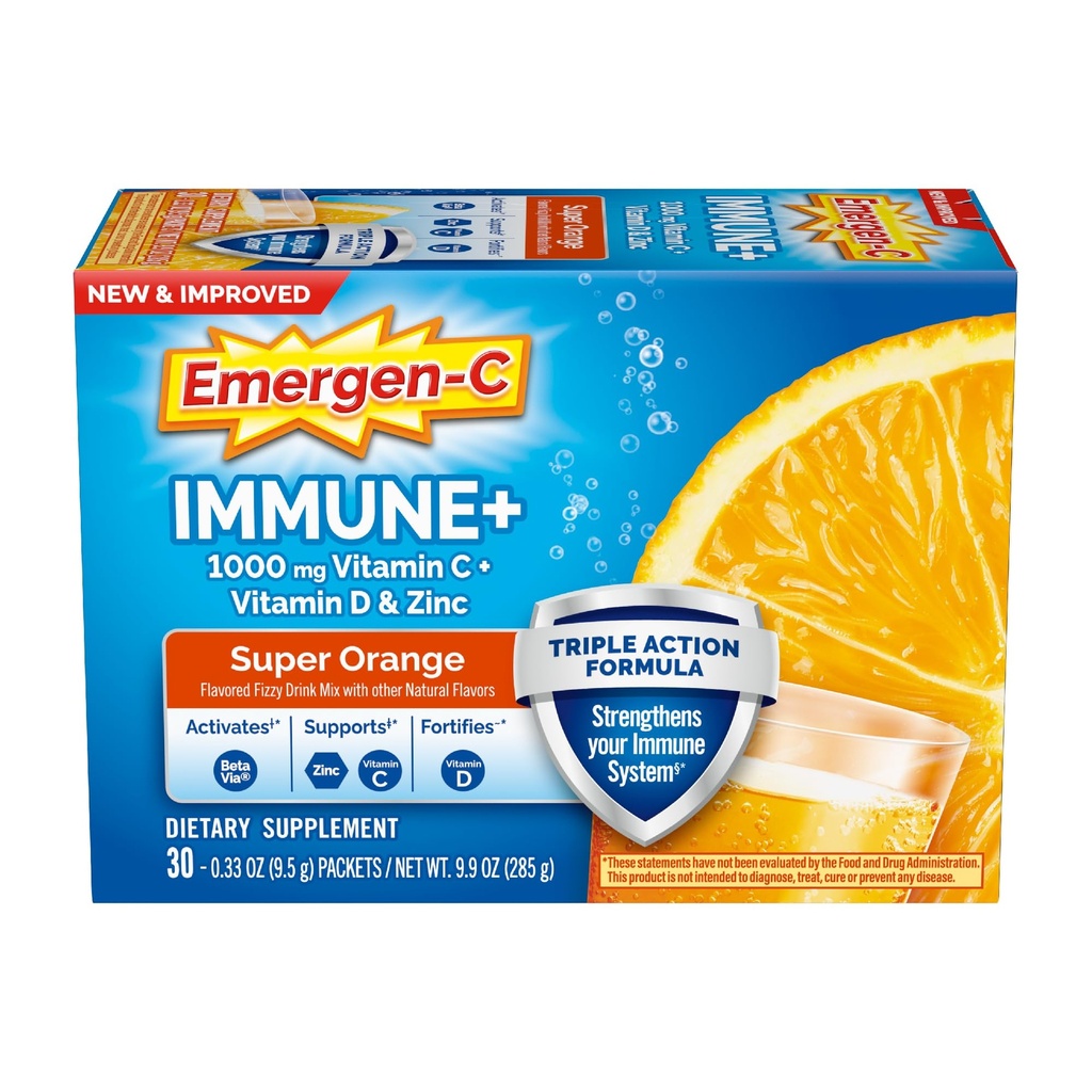 מתפתח-C Immune+ Triple Action Immune Supportאבקת BetaVia (R), 1000 מ"ג ויטמין C, ויטמין B, ויטמין D ואנטיoxidants, Super Orange, Back to School Essentials - 30 Count Count