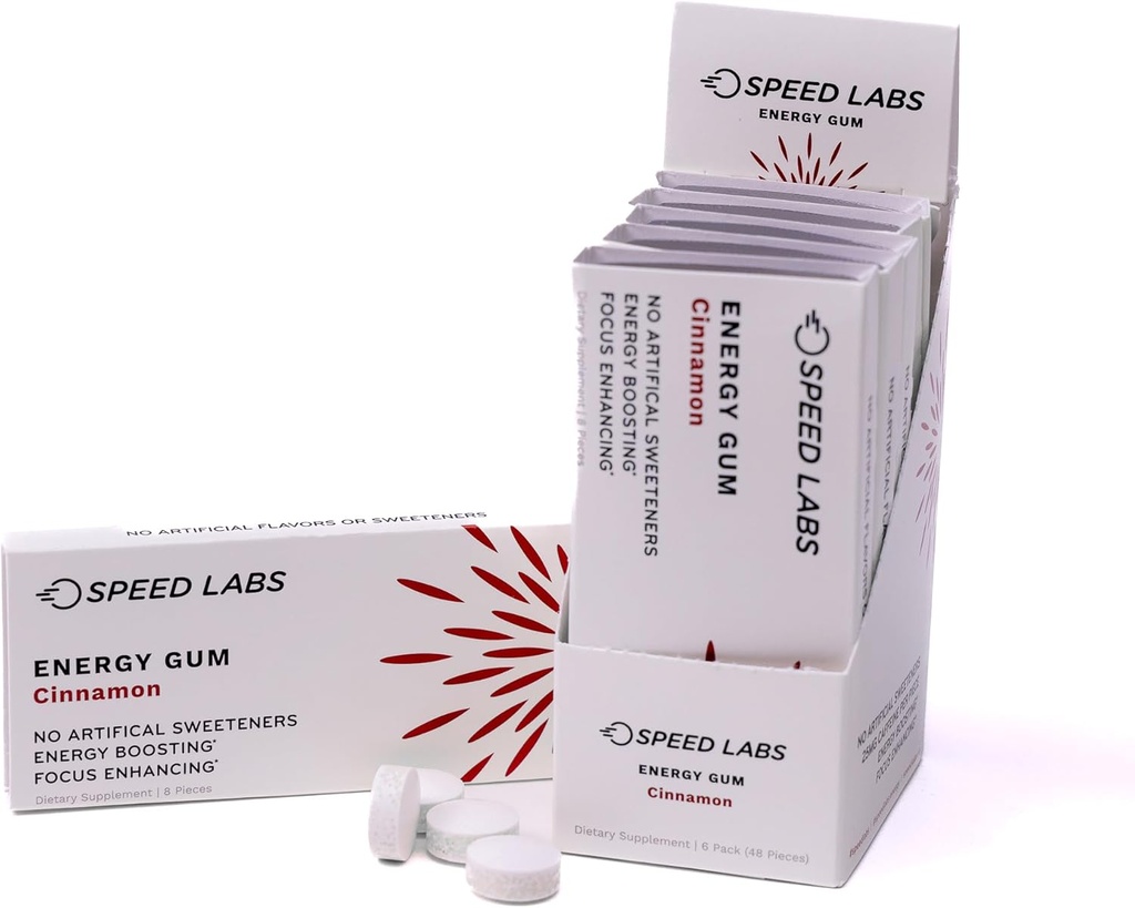 Speed Labs Cinnamon Natural Caffeine אנרגיה מסטיק 25 מ"ג קפאין, טאורין, B ויטמינים Per, 48 Pieces (6 Packs of 8) סוכר חינם, Zero Calories, Sweetened, Gluten Freeten