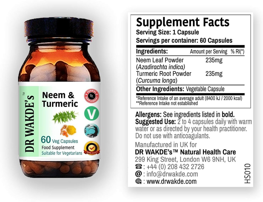 DR WAKDE's Neem & Turmeric קפסולות | 60 Veg Caps | Ayurvedic | תוספת של 100% | Herbal | Quantity דיסקונטs | אותו יום Dispatch