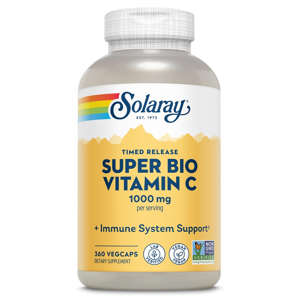 SOLA ברי Super Bio Buffered ויטמין C 1000 מ"ג, Two-Stage, Timed לשחרר ויטמין C עם bioflavonoids, Immune Support Supplement - High Absorption, טבעוני, 60 יום ערבות, 180 משרתים, 360 VegCaps 180