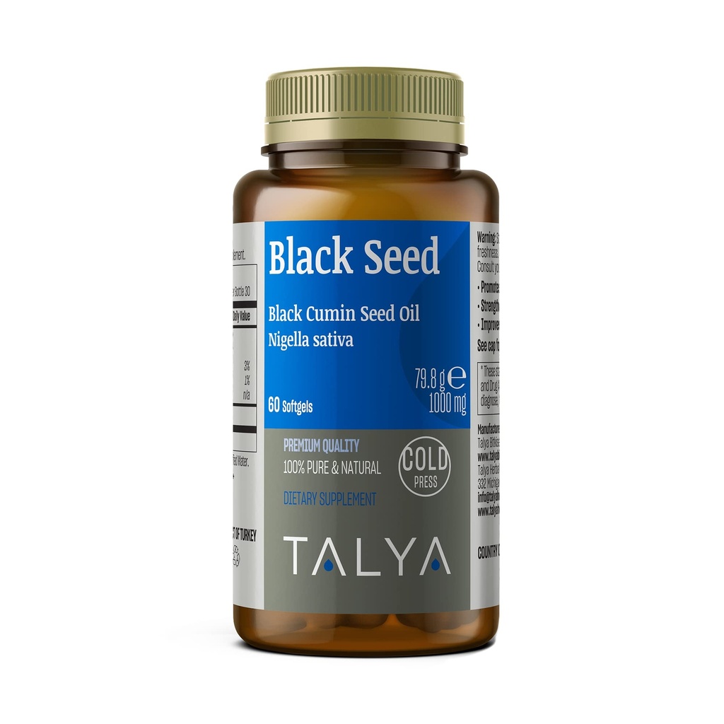 TALYA Black Seed Oil Softgel עם High Thymoquinone - תמיכה כספית - תפקוד המוח - ניידות משותפת - Cold-Pressed from non-GMO טורקית Black Cumin Nigella Sativa Seeds