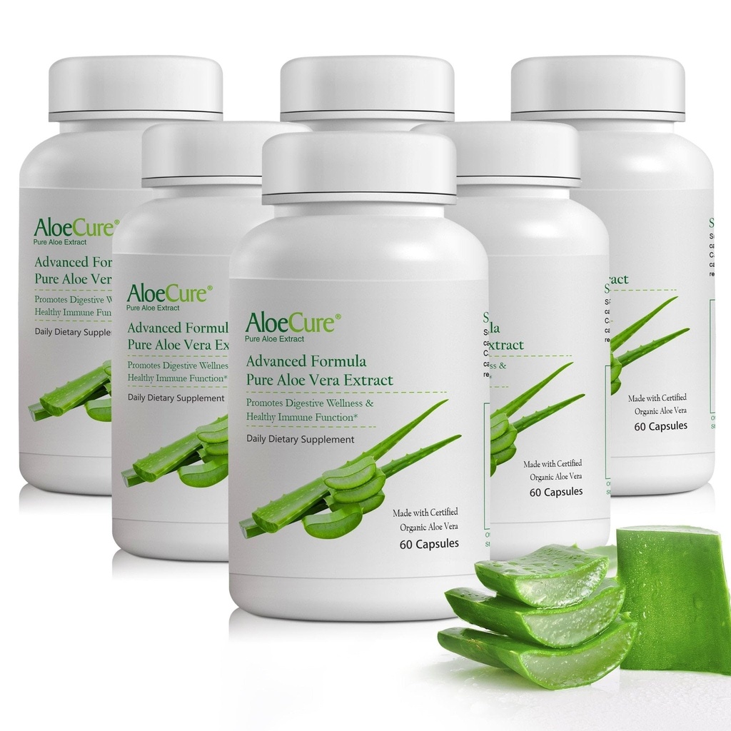 AloeCure אורגני Aloe Vera קפסולות, 130,000 מ"ג פנימי Aloe Leaf Equivelant לכל המשרת, תמיכה בבריאות ובנוחות העיכול, Stomach Acid Buffer, Natural Immune, Aloin חינם, 60 קפסולות