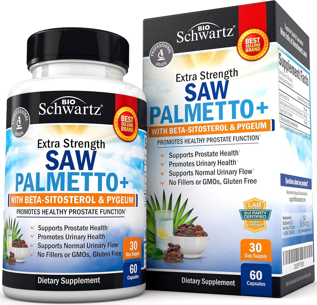 Saw Palmetto for Men with Pygeum Bark Extract and Beta-Sitosterol - תומך Prostate Health and Health Prostate function - מקדם בריאות שתן שתן נורמלי - non GMO Gluten חינם 60 Ct