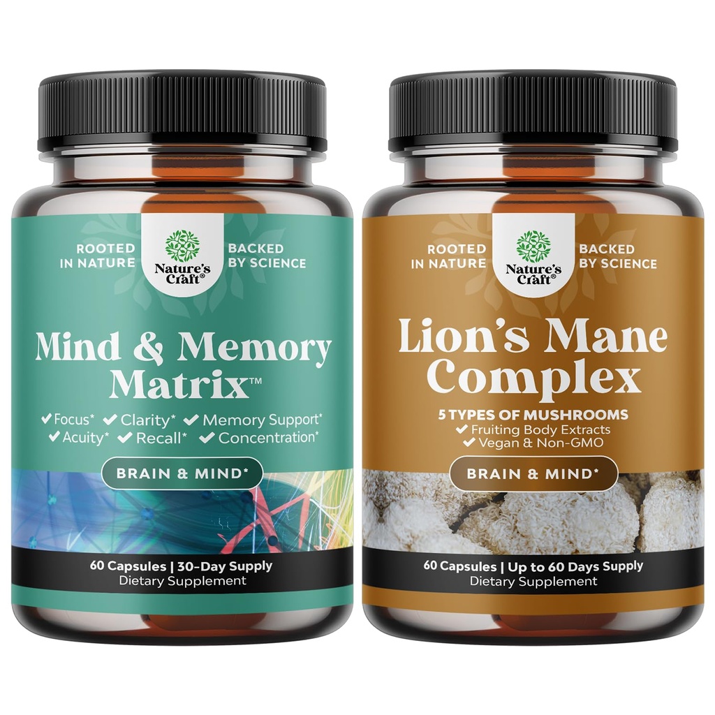 Bundle של Advanced Nootropics המוח תמיכה תוסף עם Memory & Focus ויטמינים ו- Advanced Lion's Mane Mushroom תוספת עם Reishi, Chaga, Maitake & Shiitake for Memory Support & Focus