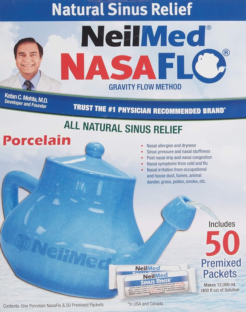 NeilMed Nasaflo Porcelain Neti Pot, 50 Count (חבילה עשויה להשתנות)