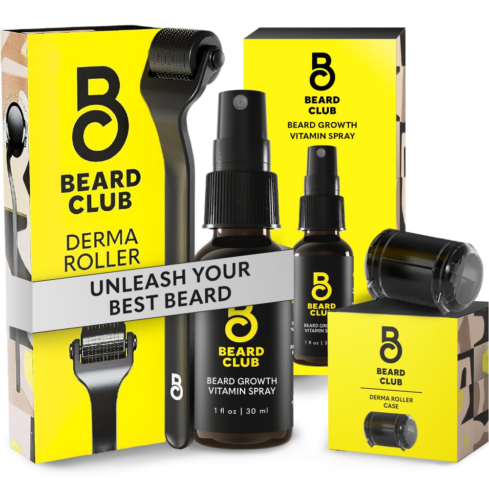 Beard Club Premium Derma Roller & Biotin Beard Growth ויטמין Spray - Micronedle Roller for Men and Women with 540 Titanium Microneedles - Beard Roller & Beard Oil for Face, Body and Scalp.