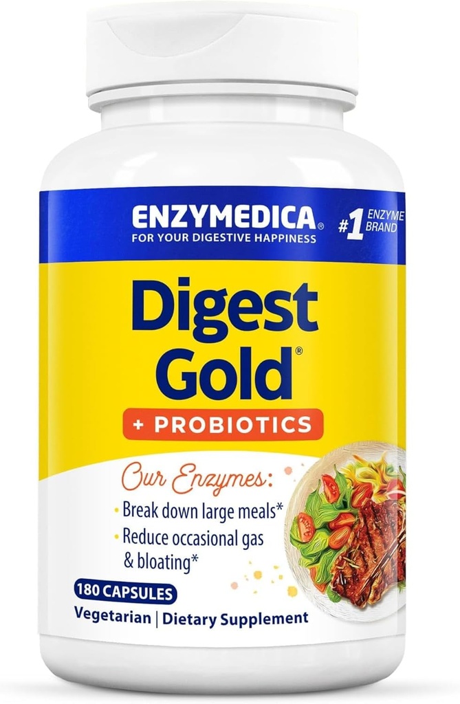 Enzymedica Gold + Probiotics, 2-in-1 פורמולה לבריאות Gut, Enzymes & Active Probiotic Cultures, 180 Count