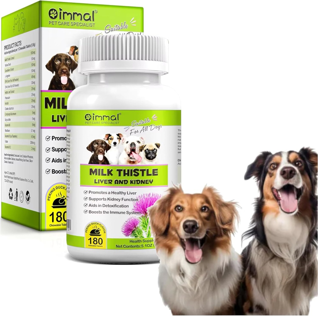Milk Thistle for Dogs - 180 טבליות Chewable - Canine Liver ו- Kidney Support Supplement for Dogs - Detox - Liver