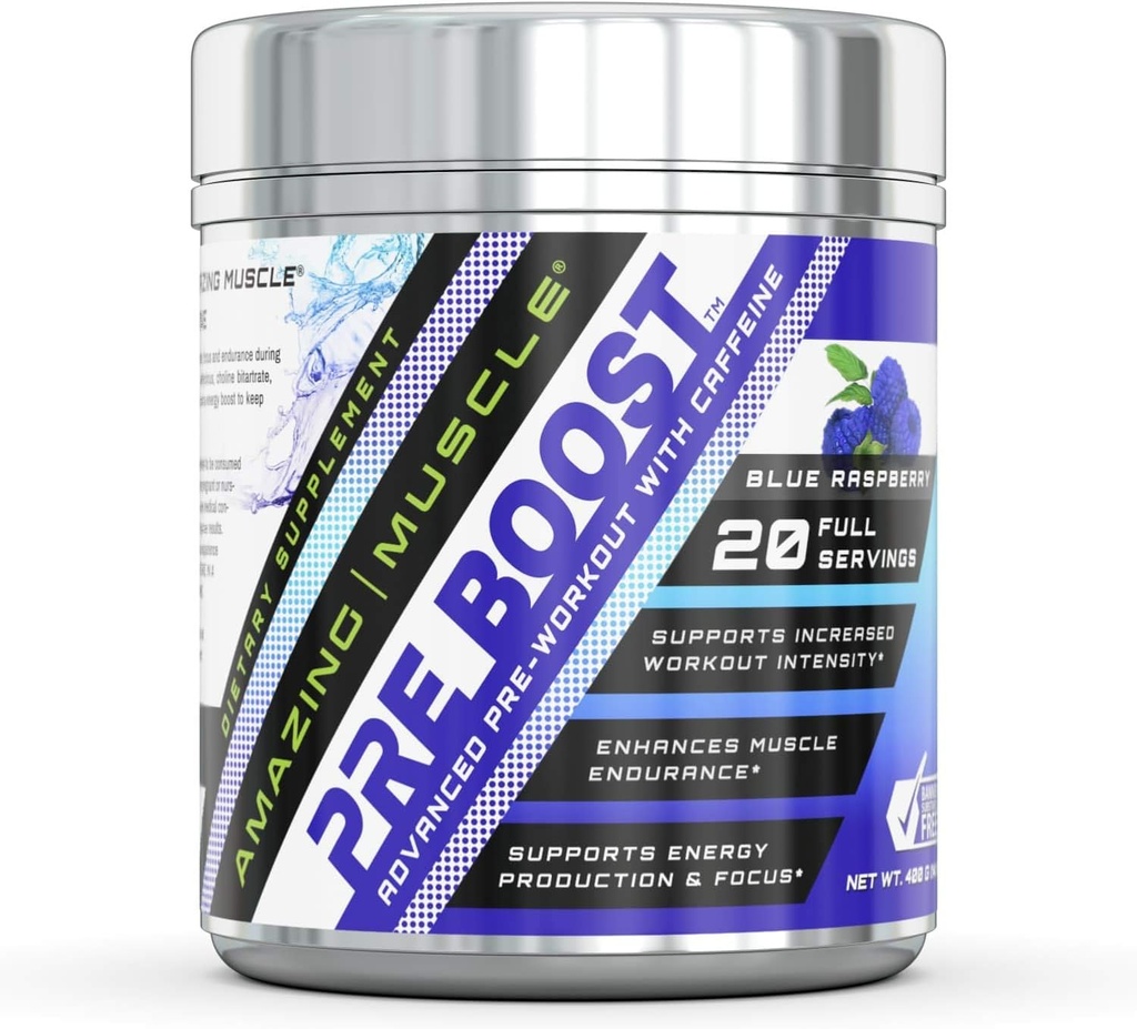 שריר מדהים Pre Boost פורמולה עם תוסף קפאין | 20 משרתות Per Container | Blue Raspberry Flavor