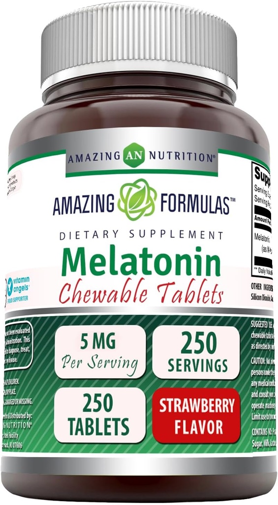 פורמולה מדהימה Melatonin Chewable תוסף | 5 Mg Per Serve | 250 Tablet | Non-GMO | Gluten-Free | Made in USA (Strawberry Flavor)