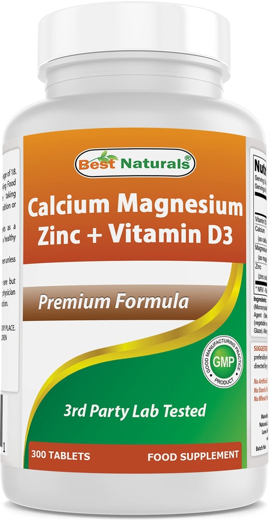 הטוב ביותר Naturals Calcium Magnesium Zinc עם ויטמין D3, 300 טבליות - Calcium 1000 מ"ג, Magnesium 400 מ"ג, Zinc 25 מ"ג ו- D3600 IU לשרת (3 טבליות)