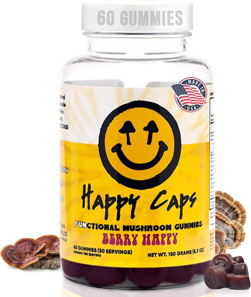 Lions Mane Mushroom Gummies forlaxation & Vi אורגני Functional Mushroom עם טורקיה Tail, Reishi, Chaga & Cordyceps - תמיכה מולד - תוספת טבעונית - 60 חניכיים