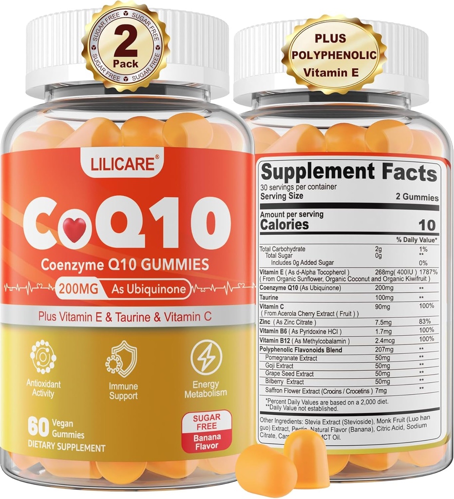 סוכר חינם CoQ10 200 מ"ג חניכיים - Coenzyme Q10 w /Taurine, ויטמין E, C, B6, B12, Znc - High Absorption CoQ10 תוסף עבור Antioxidant, Energy and Hear-t Health, 120 C.6, B12, Znc - High Absorption CoQ10 תוסף עבור Antioxidant, Energy & Hear-t Health, טבעוני 120 C.