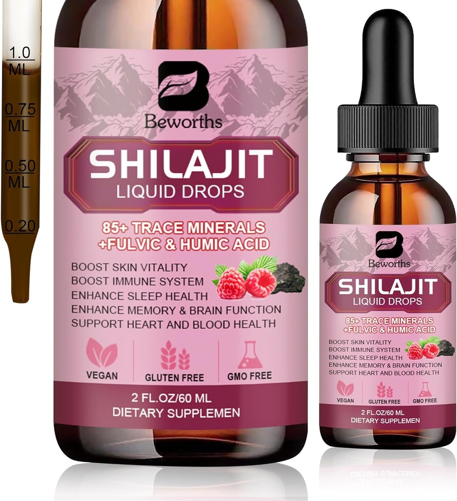 Shilajit Resin נוזל טיפות | אורגני Shilajit 85+ Trace מינרלים מורכבים עם Ashwagandha, Turmeric, גינזנג, Chaga תוספת לתמיכה, אנרגיה Booster - טבעוני טבעוני