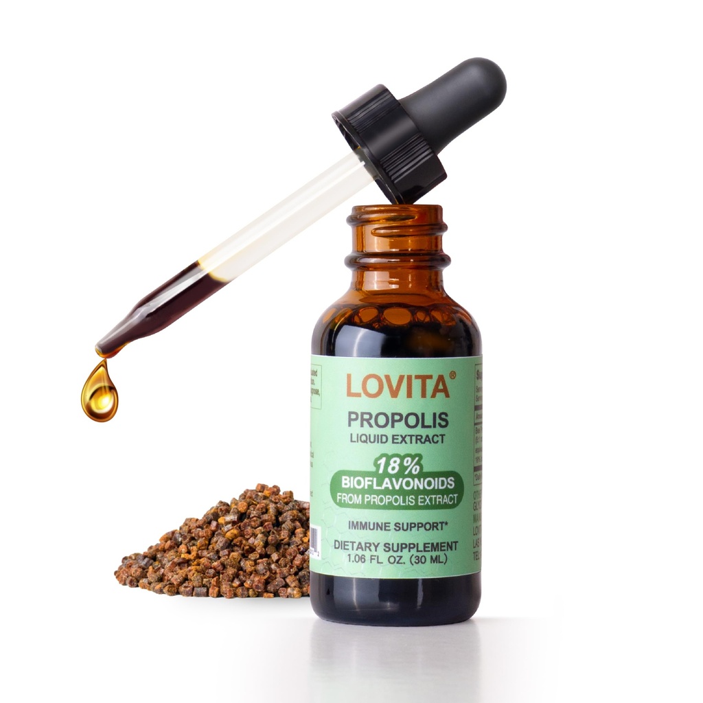 Lovita Bee Propolis נוזל לחלץ 500 מ"ג, 5:1 טיפות עם 18% bioflavonoids, אלכוהול חינם Antioxidant, Immune Support & גרון soothing, Gluten-Free, non-GMO, 1 Fl Oz (30 מ"ל), 30 יום אספקת מזון
