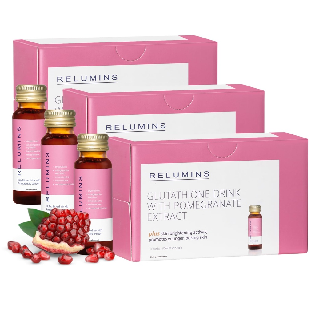 Relumins Glutathione hydrotion Shots - Post-Summer Skin Recovery & Cold Weather hydrotion - Collagen-Boosting & Made in USA - Pomegranate Flavor - 30 בקבוקים x 50 מ"ל