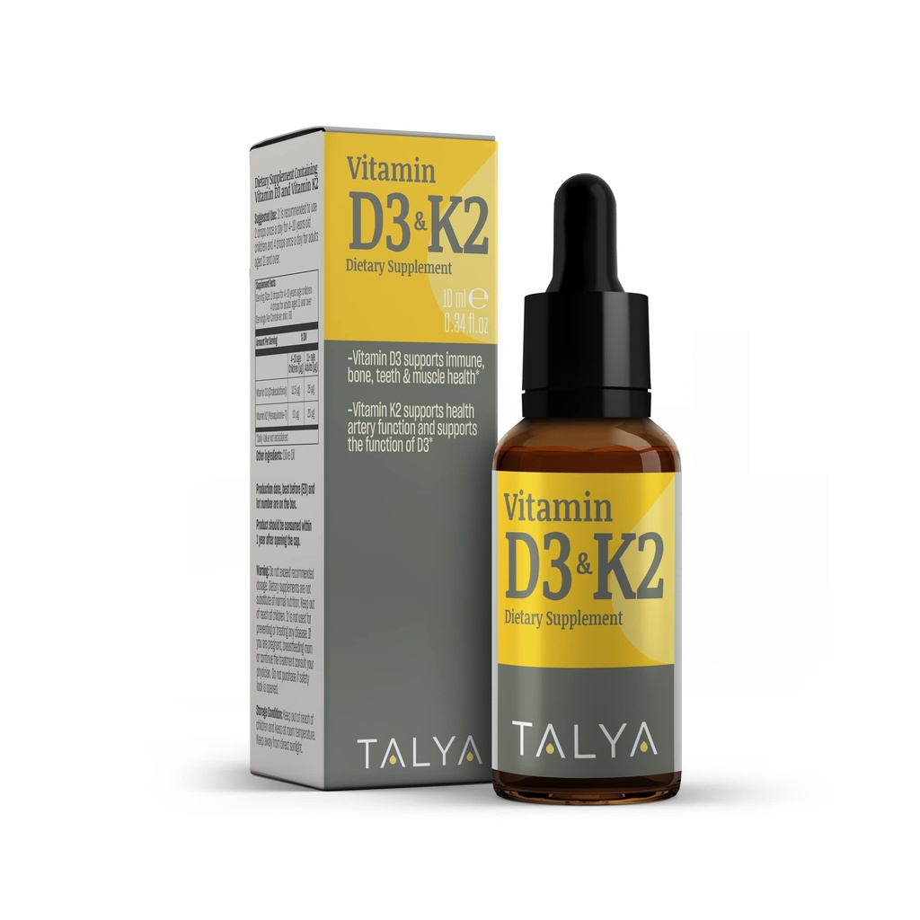 TALYA ויטמין D3 & K2 | ויטמין D3 עם K2 Drops | 1000 IU | Immune Support - מסייע לתמוך בעצמות חזקות ובלב בריא | Non-GMO | טבעוני | 60 משרתים, 0.34 fl.oz.