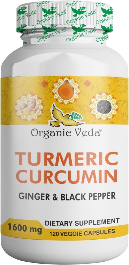 אורגני Veda Turmeric וג'ינג'ר קפסולות 120 גלולות - אורגני Turmeric Curcumin עם Black Pepper עבור תמיכה משותפת - non GMO, Gluten Free, Turmeric ו-Ging תוספת (95% כורכואידים)