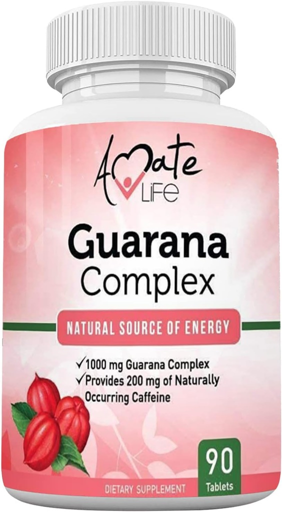 Amate Life Guarana Complex Energyzer - Caffeine Energyzing תוסף - מקור אנרגיה - הגדלת פונקציות המוח - 1000mg של Guarana - 90 טבליות