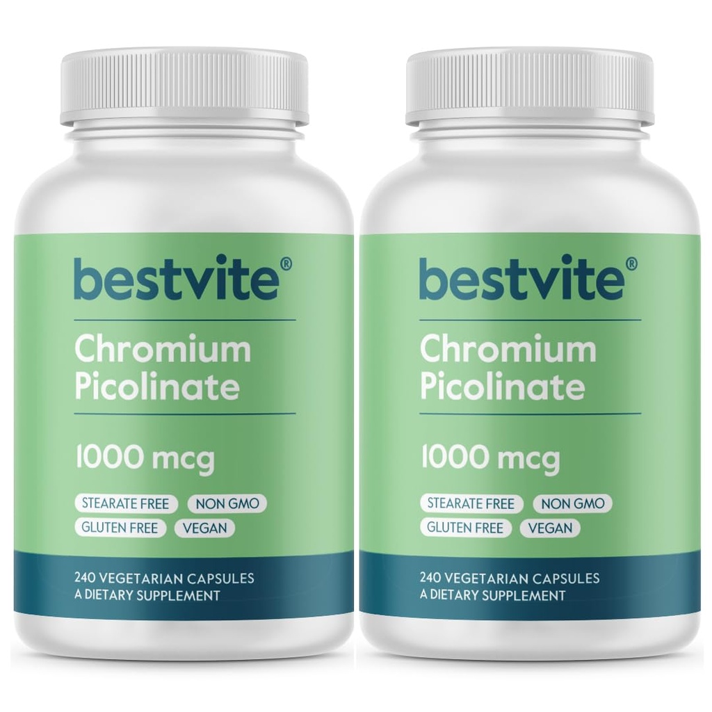 BestVITE Chromium Picolinate 1000mcg (480 קפסולות צמחוניות) (240 x 2) - No Stearates - No Dicalcium Phosphate - טבעוני - Gluten Free - Non-GMO
