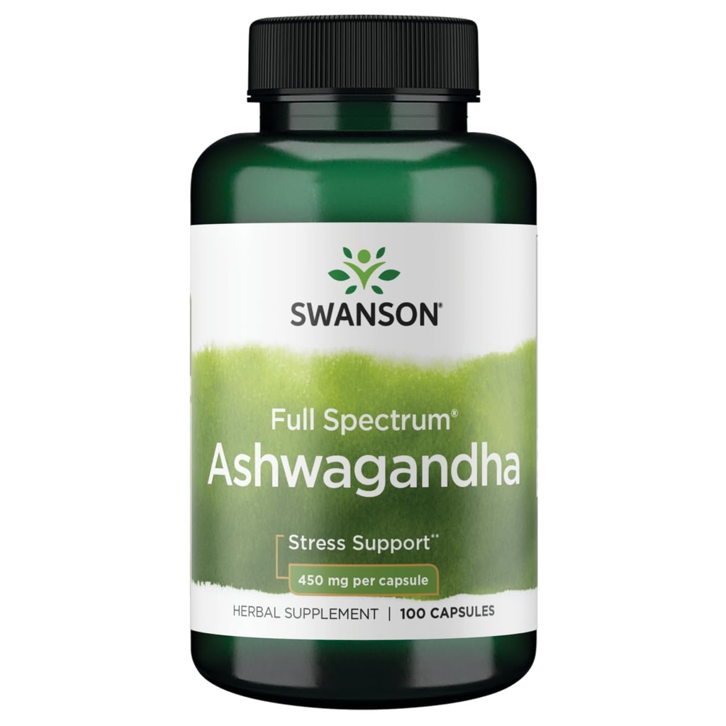 Swanson Ashwagandha אבקת תוסף - Ashwagandha Root & Aerial Parts - מקדם הקלה מתח ואנרגיה - תוספת Ayurvedic for Natural Wellness (100 קפסולות, 450 מ"ג כל)
