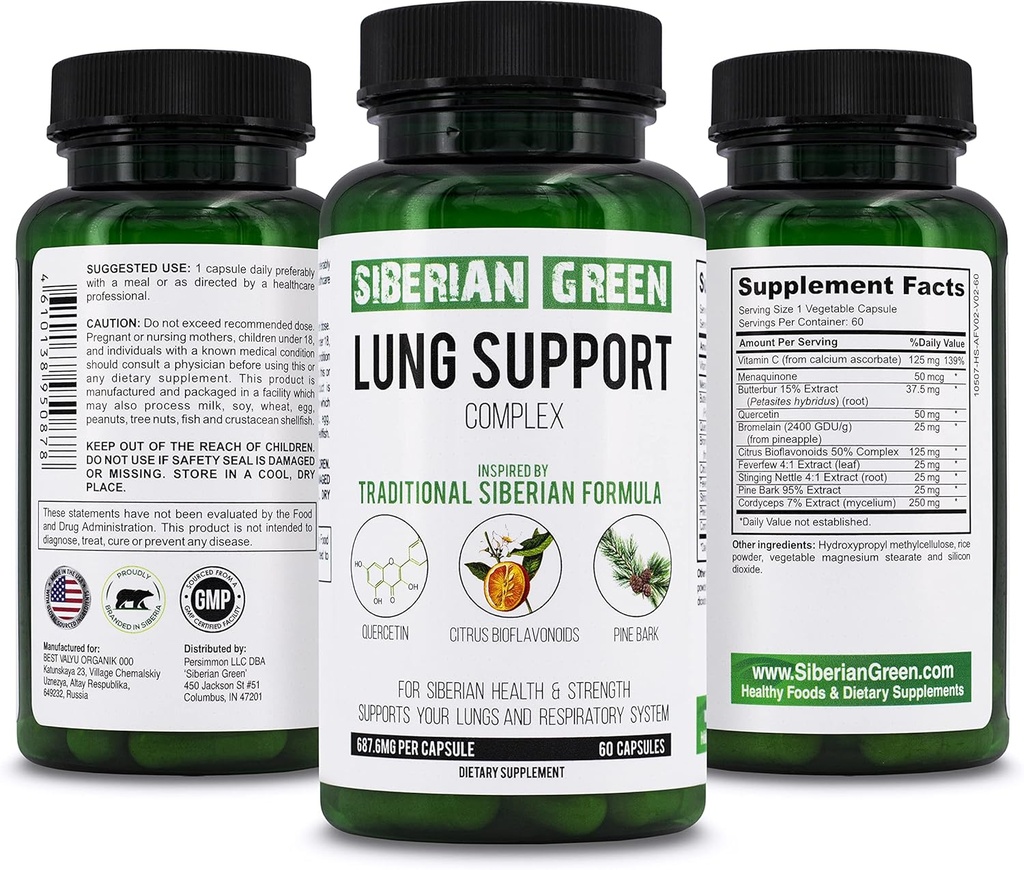 סיביר ירוק Lung Support Complex 60 קפסולות - תוספת פורמולה המסורתית עשיר Quercetin, Citrus Bioflavonoids, Pine Barkk