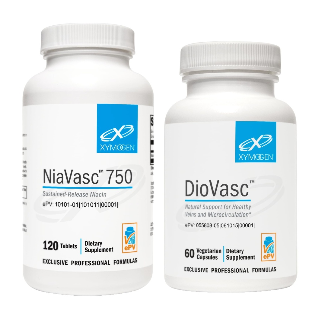 XYMOgen NiaVasc 750 Sustained לשחרר Niacin (120 טבליות) + diVasc תמיכה Veins + Micocirculation (60 קפסולות)