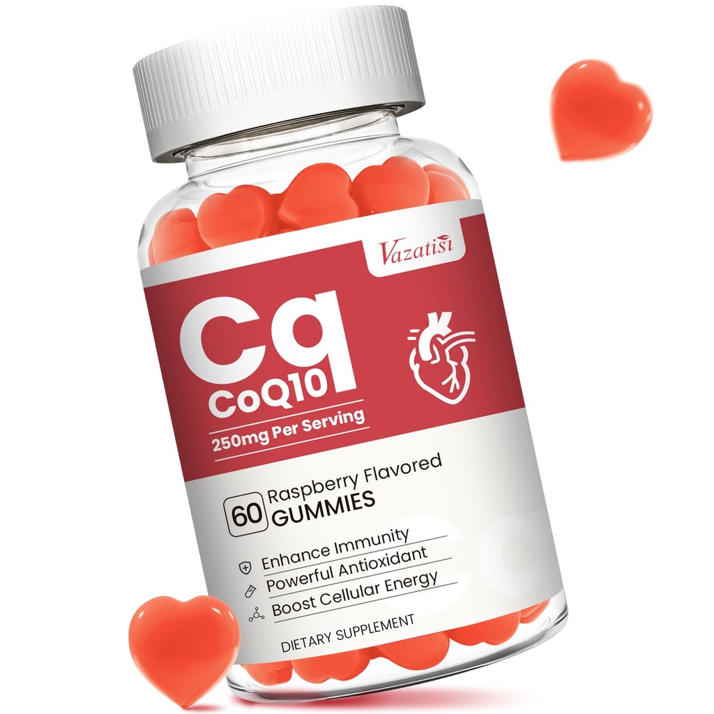 High Absorption CoQ10 Gummies 250 מ"ג, Plus אומגה 3, ויטמין B3 לאנרגיה סלולרית, Brain & Antioxidant, 5X Better Absorption Coenzyme Q10, Raspberry Flavored - 60 Cts
