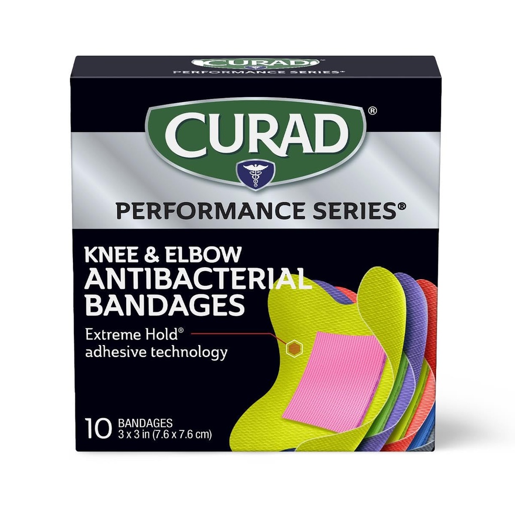 סדרת ביצועי CURAD IRONMAN Antibacterial Bandages, Extreme Hold Adhesive Technology, Knee & Elbow 3 אינץ ' x 3 אינץ ', 10 Count, אידיאלי עבור חתכים, Scrapes, ספורט, ו Active Lifestyle