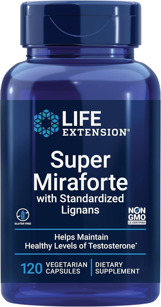 Life Extension Super Miraforte with Standardized Lignans, chrysin, Nettle Root, Muira puama, maca, אבץ, ממוקד פורמולה עבור יתרונות טסטוסטרון, Vegetarian, Gluten-Free, non-GMO, 120 קפסולות.