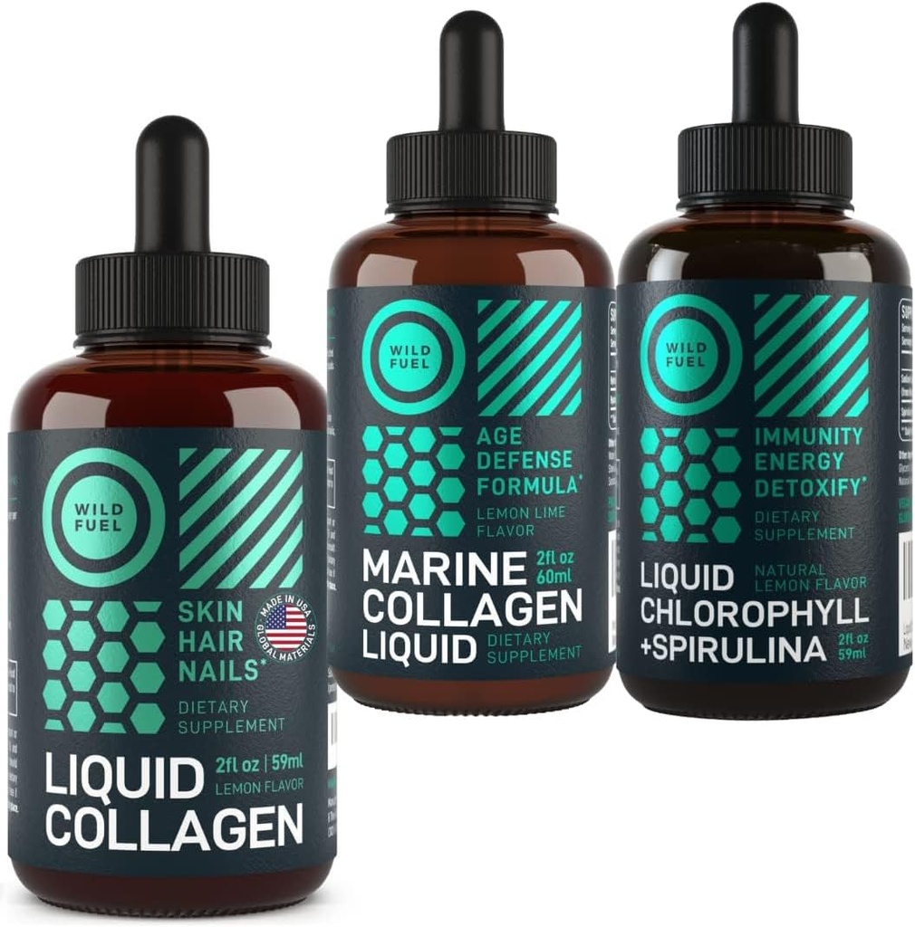 WILD FUEL נוזל קולאזן, Marine Collagen ונוזל Chlorophyll Beauty ו-Everything Bundle
