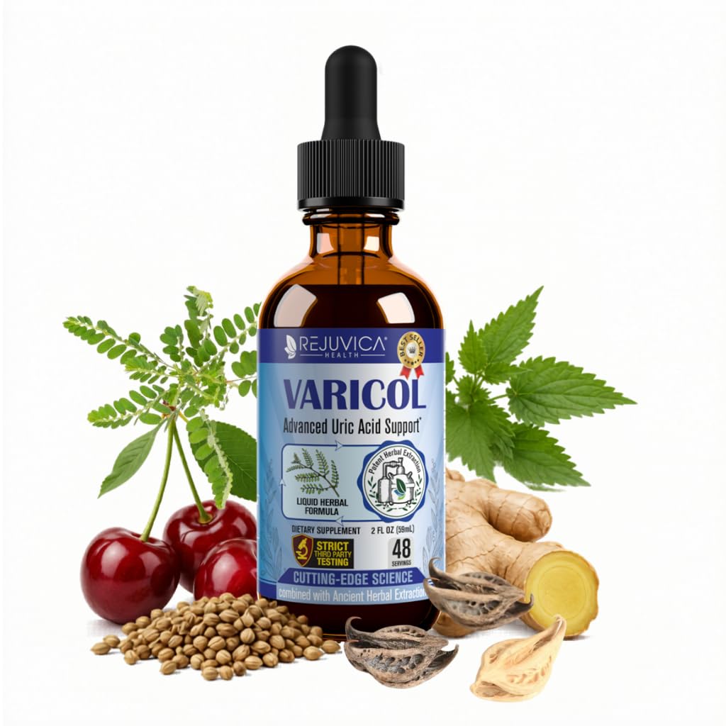Varicol - Uric Acid תמיכה נוזל טיפות - תמיכה משותפת וקידני נוח עם Tart Cherry, צ'נקה Piedra, Celery Seed + ג'ינג'ר - טבעוני, תוספת סוכר חינם - 2 fl oz