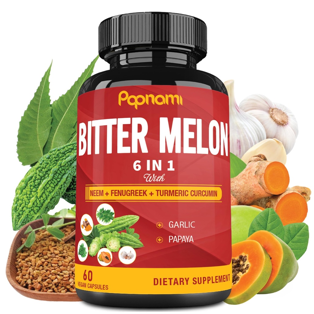 אורגני Bitter Melon לחלץ קפסולות - 60 גלולות 2 חודש - Neem משולב, Fenugreek, Curcumin, Garlic & Papaya