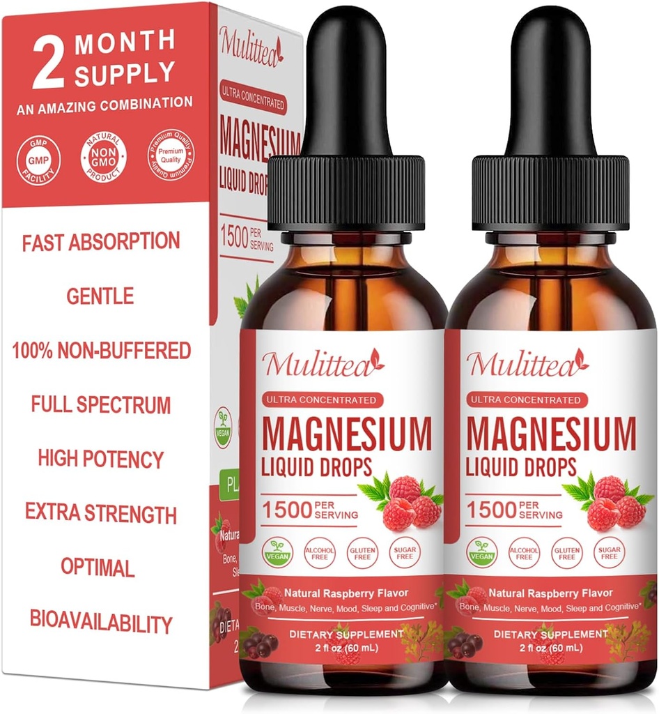 (2 Pack) Magnesium Glycinate נוזל טיפות w / 1500 מ"ג מגנזיום Glycinate, טארוט, Malate, Citrate, Calcium Plus Potassium for Nerve, Bone, Heart Health & Energy Zzz - גבוה Absorption-Raspberry פלמור