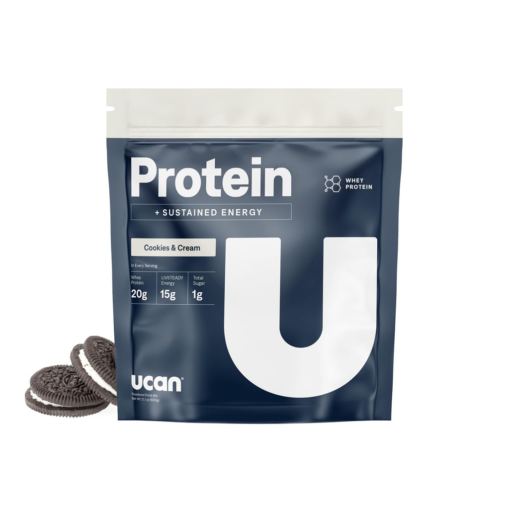 UCAN אנרגיה + אבקת חלבון Whey - 19g Per לשרת עם Amino Acids EAAs & BCCAs - Keto, לא תוספת סוכר, Gluten-Free - Cookies & Cream - 12 משרתים
