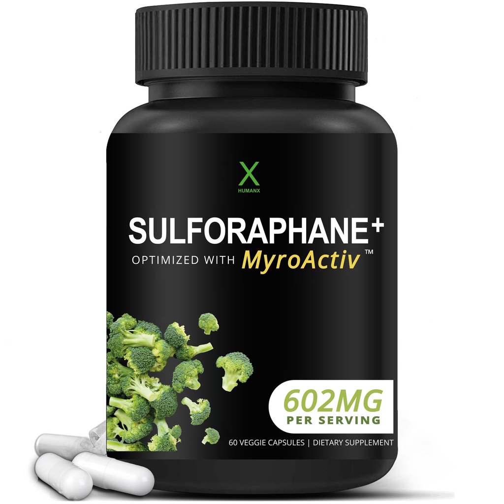 HUMANX Sulforaphane+ 602 מ"ג - ארה"ב צד שלישי נבדק - Sulforaphane with Broccoli Seed Extracted & Moringa - תומך בייצור אנטי-חמצן, Detoxification, & Cell Health - Broccoli