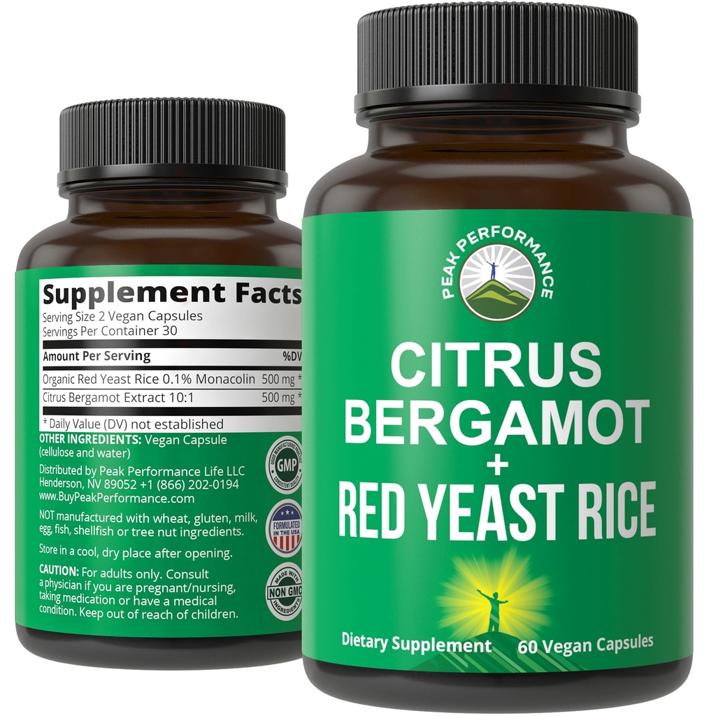 Citrus Bergamot + Red Yeast Rice עוצמה גבוהה 10:1 ברגמוט לחלץ. No Gluten, Zero Sugar, טבעוני קפסולות