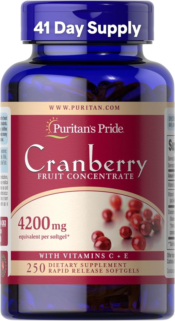 הפירות של Puritan's Pride Premium Cranberry Procentrate 84 מ"ג (4200 מ"ג שווה ערך) עם ויטמינים C ו- E, תוספת תזונתית לתמיכה במערכת החיסון, 4 חודשים אספקה, 250 Softgels שחרור מהיר