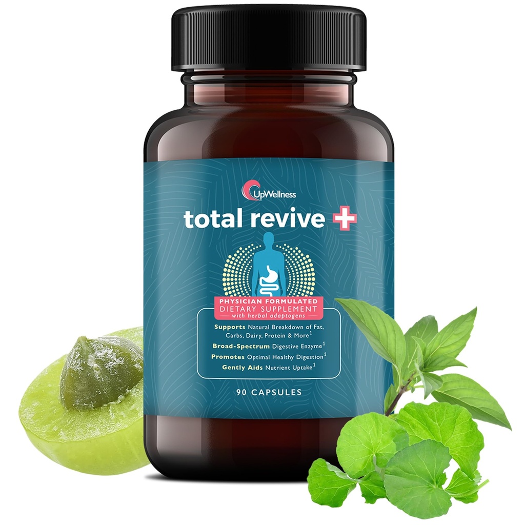 UpWellness Total Revive+ Digestive Enzymes - Broad-Spectrum Enzymes for Digestive Health - תומך ב- Gut Health and Foodsent Absorption - Physician Formulated - 90 קפסולות
