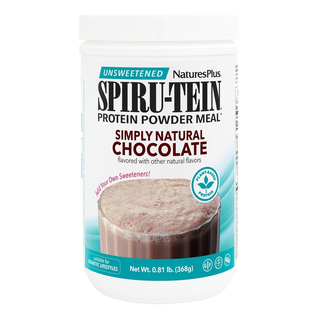 Natures Plus Just Natural SPIRU-TEIN שייק - שוקולד לא ממותק - 0.82 lb אבקת חלבון - החלפת שומן - אנרגיה טבעית - תומך בסגנון חיים דיאביטי - צמחוני, 16 משרתים