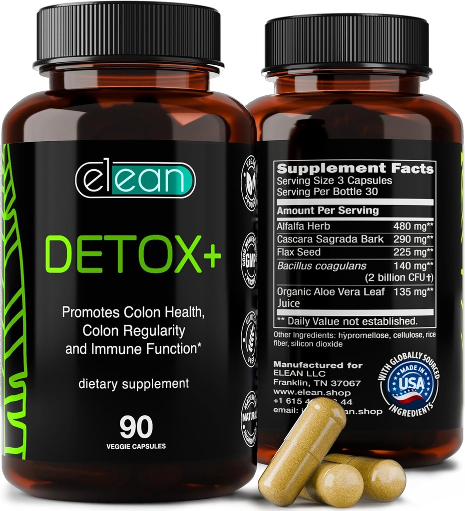 ELEAN Detox Plus מעורב עם Probiotica, alphalfa, Flax Seed, אורגני Aloe Vera, NZascara Sagrada bark עבור ניקוי קולון, Gut Health, Digestive Health, Total Colony Care.